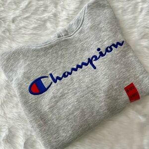 Champion Heather Gray Hoodie with Blue Accents